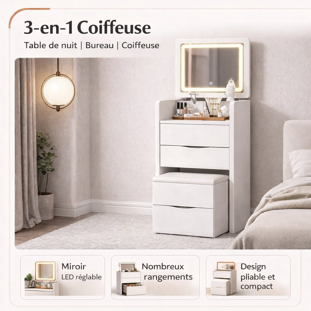 Coiffeuse Pilou LED – Table pliable